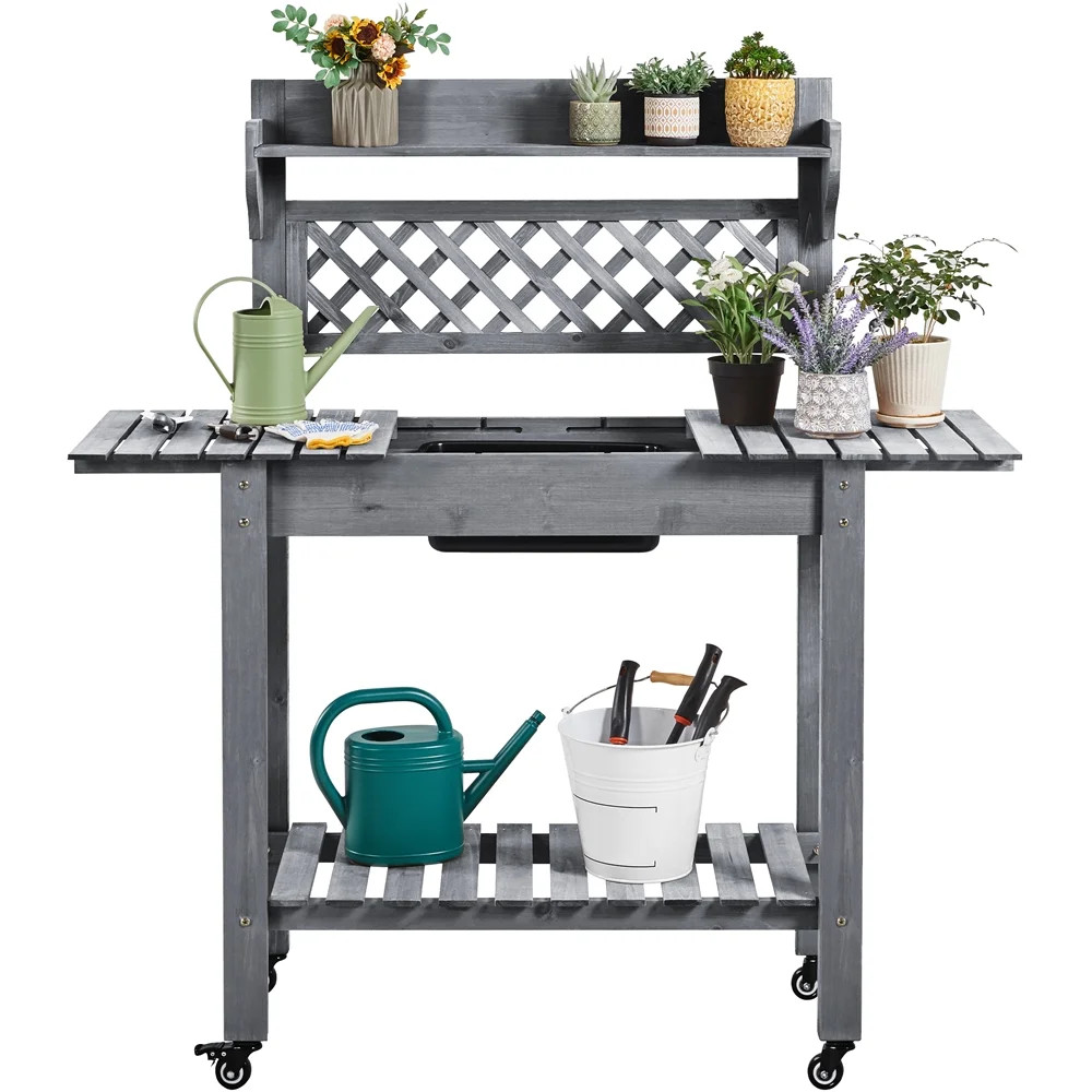 Renwick Rolling Garden Potting Bench with Sliding Tabletop & Open Storage Shelf, Gray | Walmart (US)