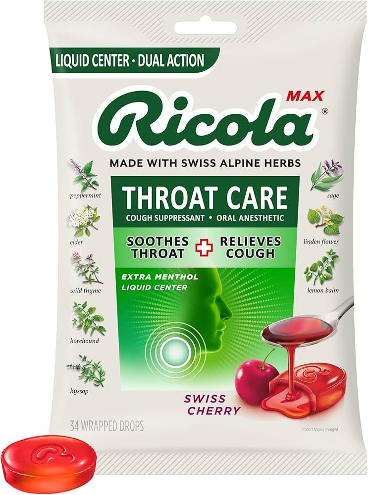 Ricola Max Swiss Cherry Throat Care Large Bag | Cough Suppressant Drops | Dual Action Liquid Cent... | Amazon (US)
