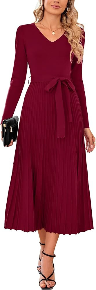 Arach&Cloz 2024 Fall Wool Blended Womens Long Sleeve V Neck Tie Waist Pleated A Line Ribbed Knit ... | Amazon (US)