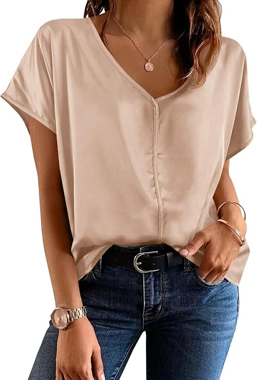 Fisoew Womens Silk Satin Blouses Cap Short Sleeve Dressy Casual Tops V Neck Summer Business Work ... | Amazon (US)