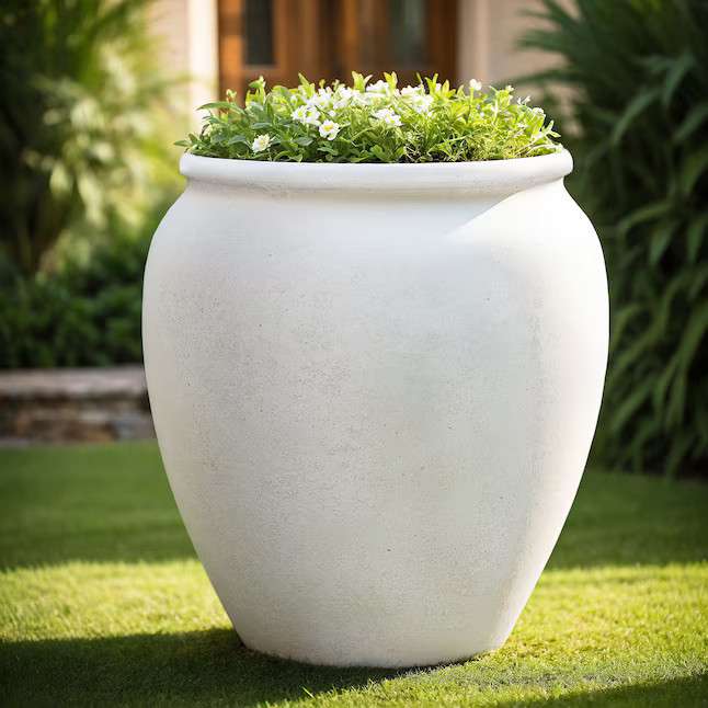 allen + roth Round 16.25-Inches W Large White Stone Outdoor Planter with Self Watering | Lowe's