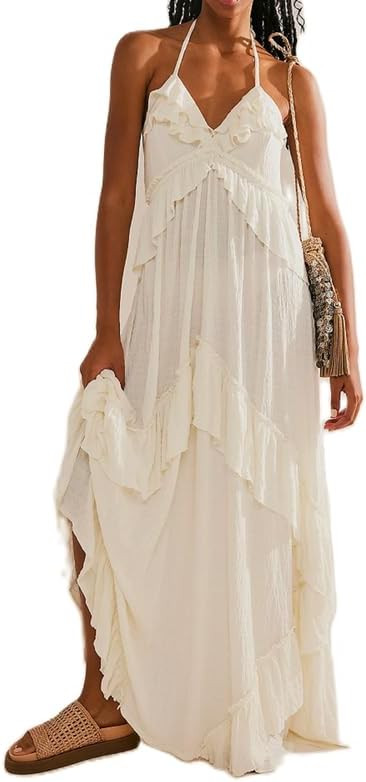 NUFIWI Sexy V Neck Backless Asymmetrical Ruffle Maxi Dress Halter Neck Sleeveless Long Dress Cuto... | Amazon (US)