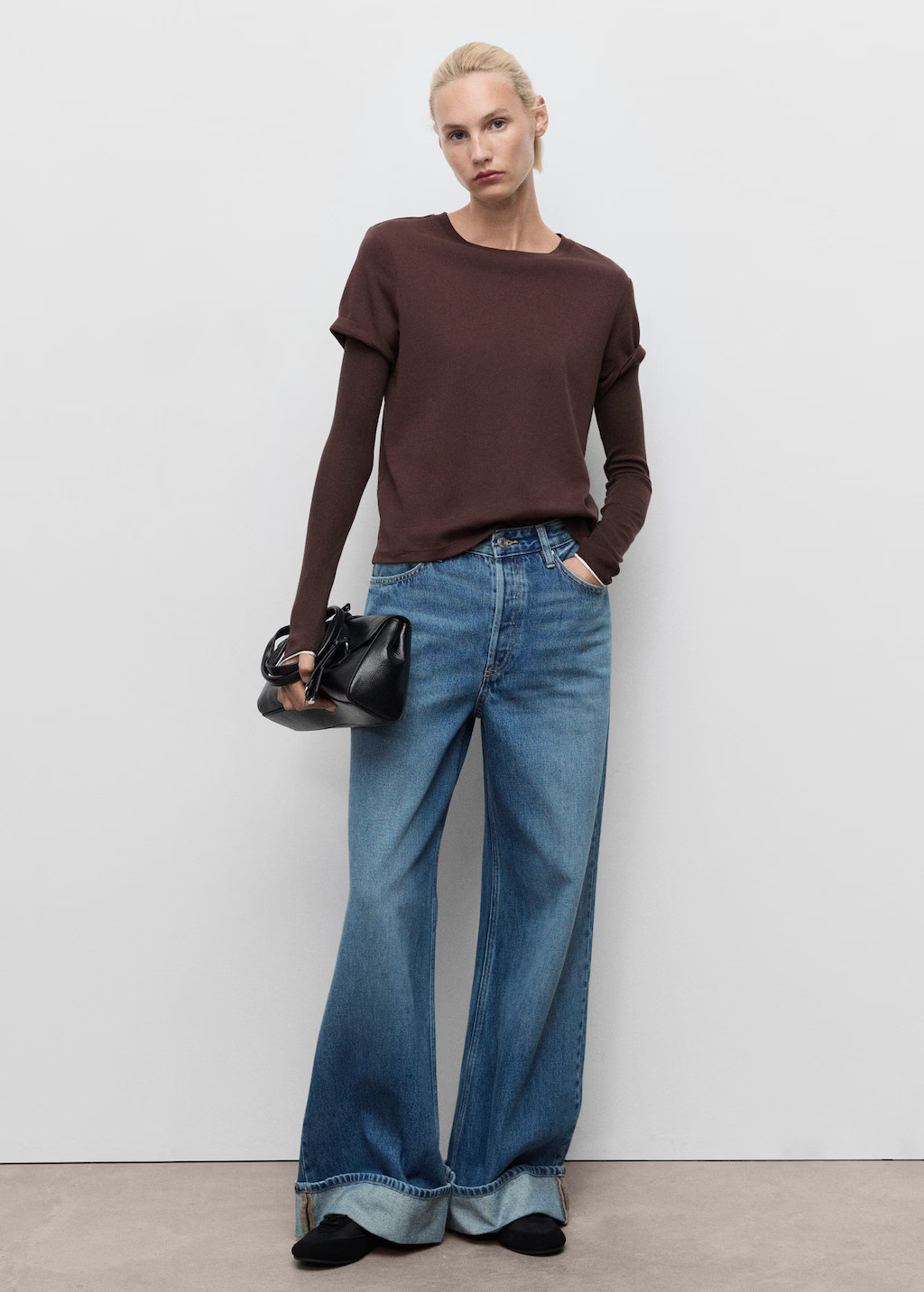 Wide-leg jeans with turn-up hem medium blue - Woman - 10 - MANGO | Mango (US/MX/AU)