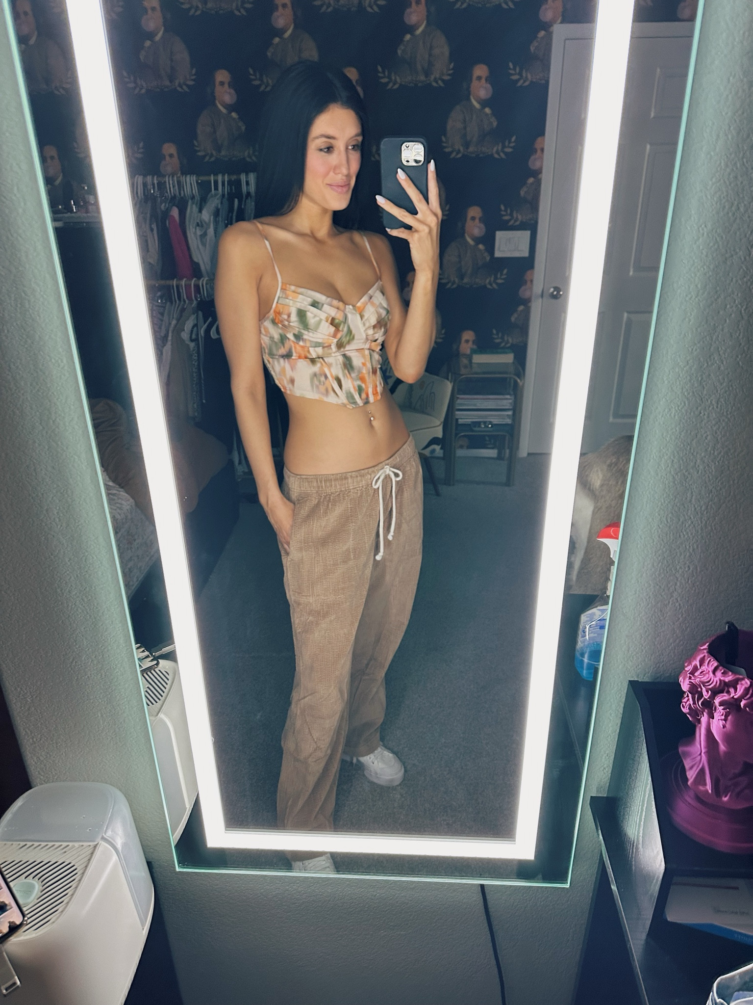 Corset top with beige corduroy drawstring low rise pants with platform sneakers 
• summer outfit • spring outfit • date night outfit • going out outfit • crop top 

#LTKfindsunder50 #LTKstyletip #LTKfindsunder100