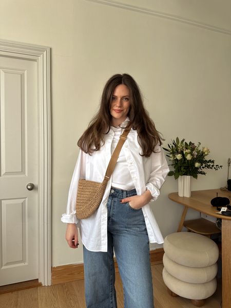 Uniqlo extra fine cotton shirt 🤍 with white T-shirt and wide leg jeans and a crochet cross body bag #lifewear 

#LTKfindsunder50 #LTKfindsunder100 #LTKeurope