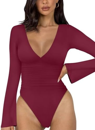 REORIA Women's V Neck Bell Long Sleeve Bodysuits Comfy Double Lined Trendy Body Suits | Amazon (US)