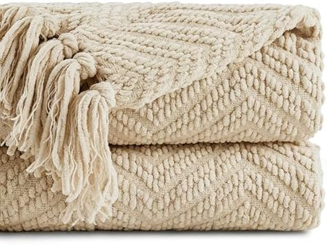 BATTILO HOME Beige Throw Blanket for Couch, Knitted Beige Throw for Bed, Neutral Throw Blankets T... | Amazon (US)