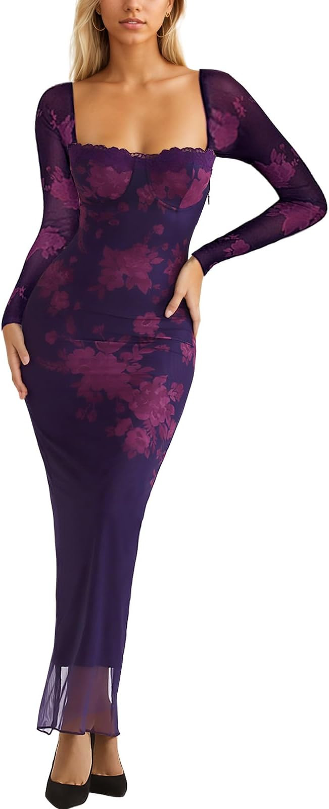 Women's Sexy Mesh Dresses Long Sleeve Slim Fit Elegant Sheer Maxi Dress Party Club Night Out Even... | Amazon (US)