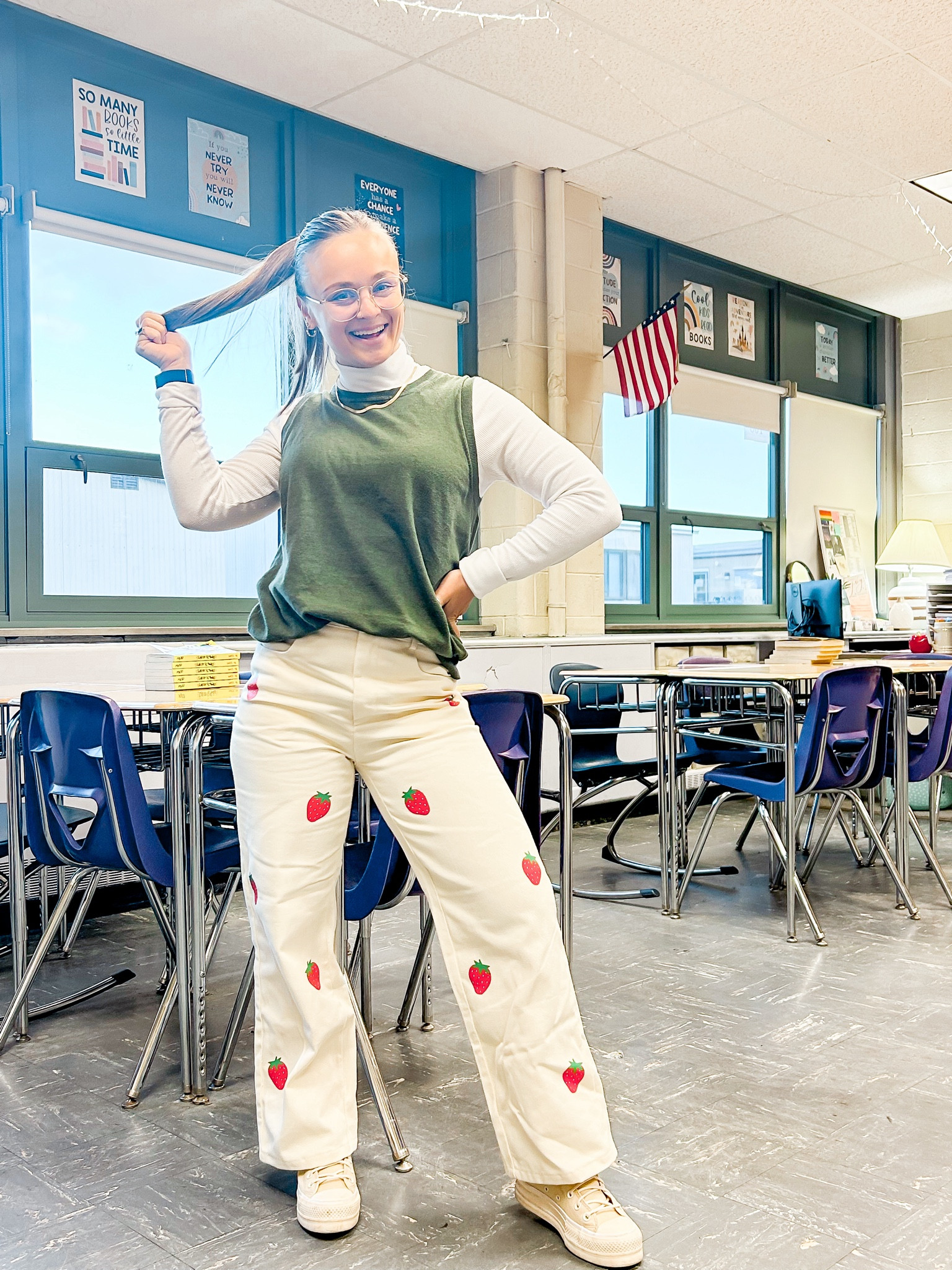 Teacher ootd. Outfit of the day. Teach. Ootd. Thrifted vest. Turtleneck. Abercrombie and fitch.  White mockneck. Strawberries. Shein pants. Work. Work outfit. Teacher style. Teacher fashion. Converse. Tan. Hightop converse  

#LTKshoecrush #LTKstyletip #LTKworkwear