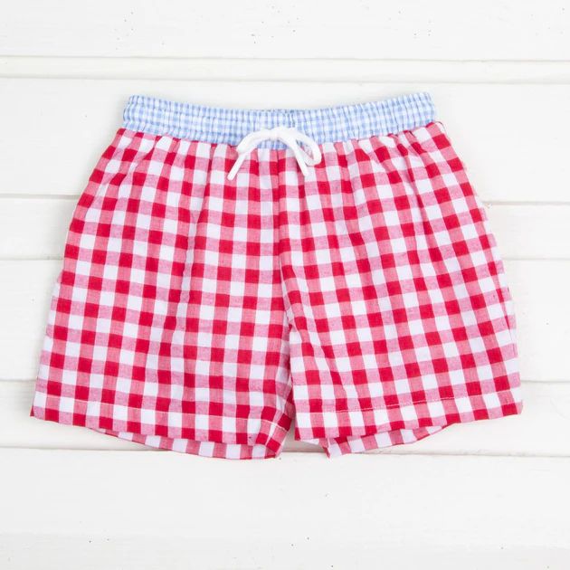 Red and Blue Gingham Swim Trunks | Classic Whimsy