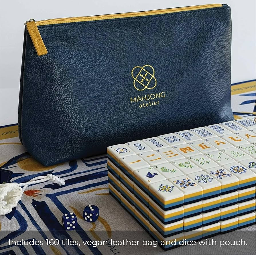American Mahjong Tile Set – 160 Engraved 4-Layer Tiles, Mediterranean Navy and Gold Coastal Design with Vegan Leather Carrying Bag and Matching Dice | Amalfi Edition | Amazon (US)