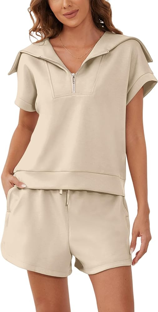 SAFRISIOR Women 2 Piece Sweatsuits Set Half Zip Short Sleeve Tracksuits Sweat Suit Shorts Set 202... | Amazon (US)