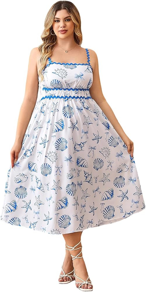 Floerns Women's Plus Size Starfish Print Midi Dress Ruffle Smocked Beach A Line Dresses | Amazon (US)