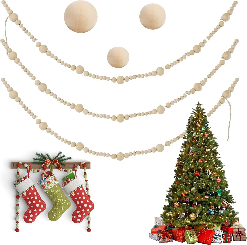 11.8 Feet Christmas Garland Christmas Tree Decorations, Boho Decoration Hanging Wooden Bead Strin... | Amazon (US)