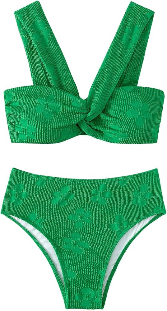 SweatyRocks Women's 2 Piece Bathing Suit Twist Front High Waisted Bikini Floral Swimsuit | Amazon (US)