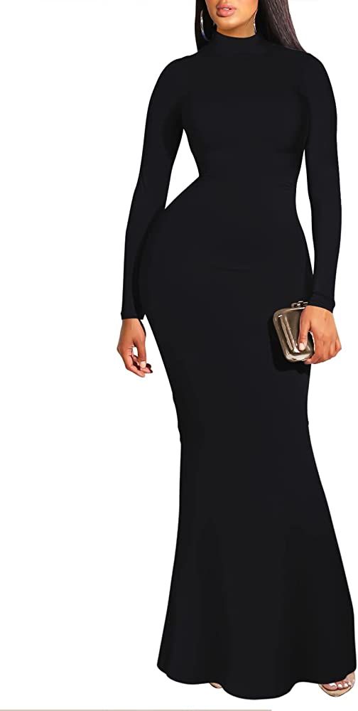 Meenew Women's Elegant Long Sleeve Gown High Neck Bodycon Long Maxi Dress | Amazon (US)