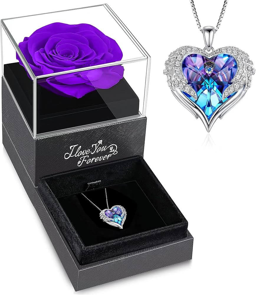 NEWNOVE Preserved Purple Rose with Angel Wings Necklace for Women, Valentines Day Gifts for Her, ... | Amazon (US)