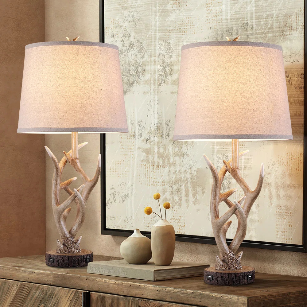 26" Rustic Farmhouse Resin Antler Table Lamp with USB Ports (Set of 2) | Wayfair North America