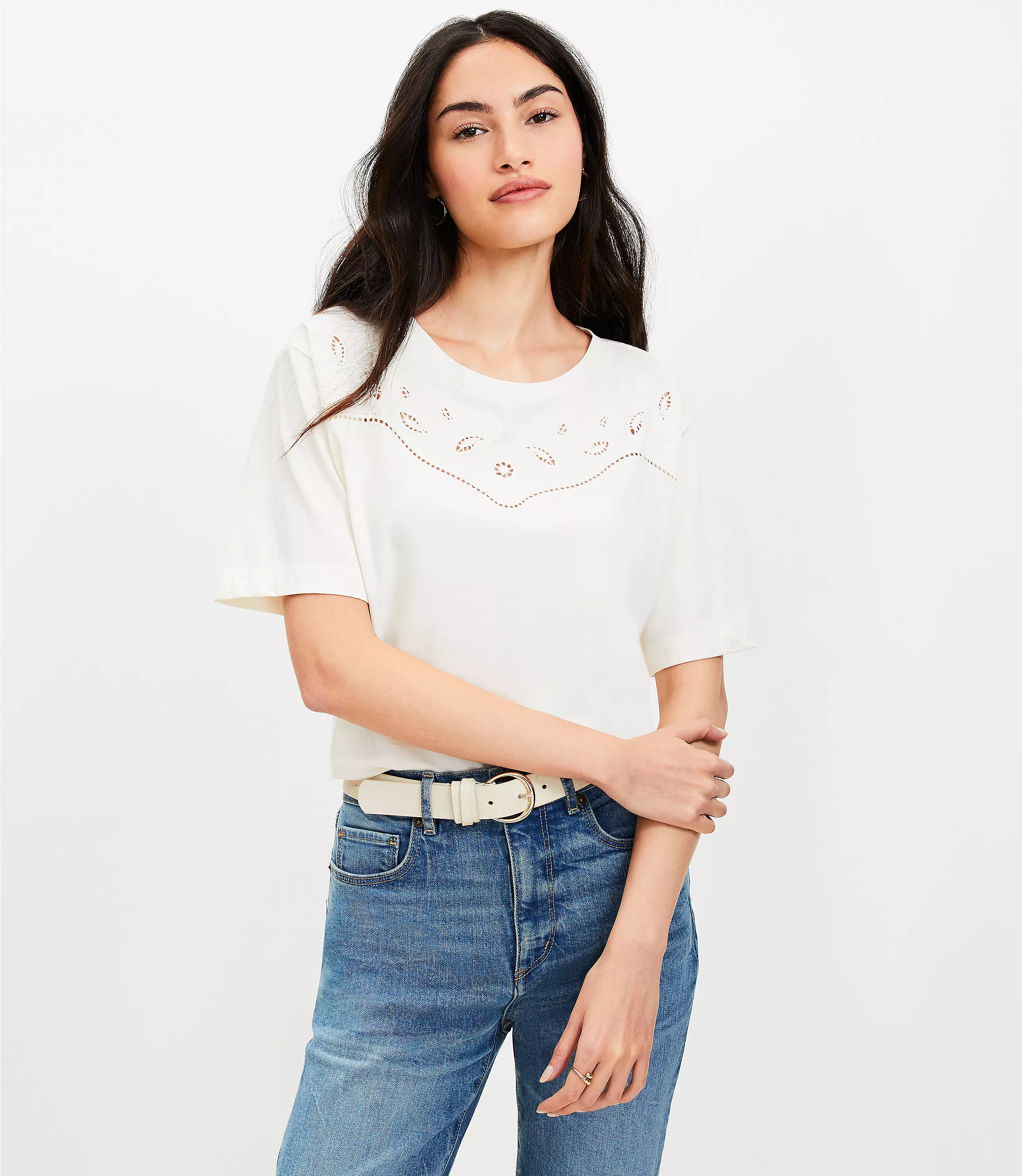 Floral Cutout Lace Yoke Tee | LOFT