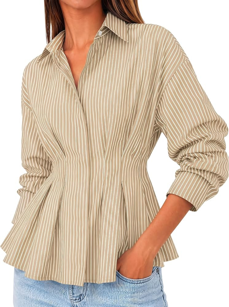Cicy Bell Women Striped Peplum Button Shirts Business Casual Pleated Blouse | Amazon (US)
