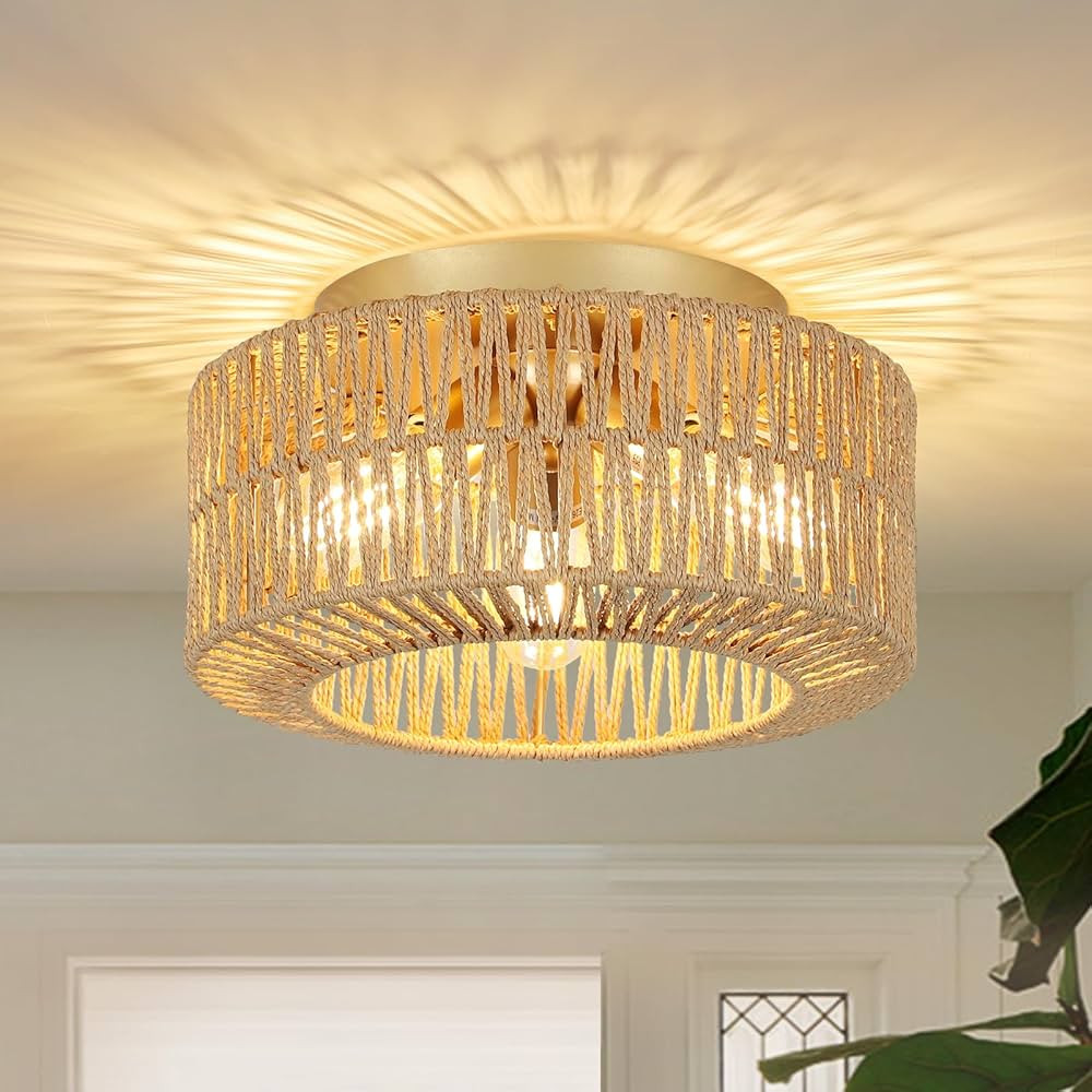 PAUFUL Boho Light Fixtures Ceiling Mount, 3-Light Farmhouse Rattan Ceiling Light Fixture, Flush Moun | Amazon (US)