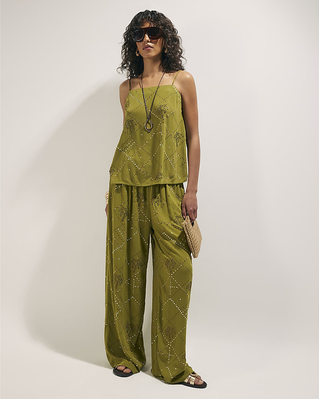 Green Palm Embellished Trousers | River Island UK & IE