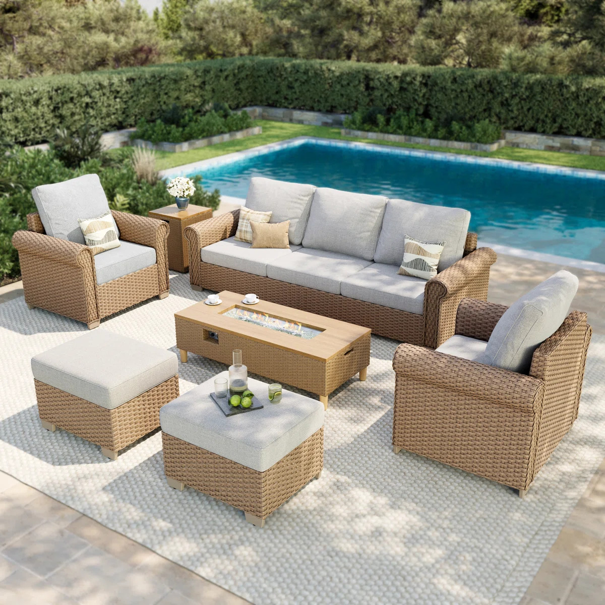7 - Person Outdoor Wicker Patio Conversation Furniture Set With Fire Pit Table | Wayfair North America