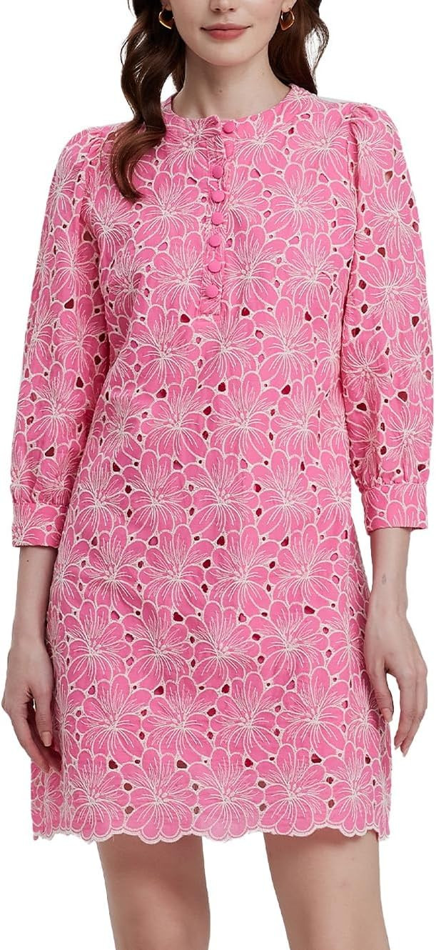 D-Sun Women's Floral Jacquard Dress Crewneck 3/4 Sleeve Shift Mini Dress Button Down Elegant Busi... | Amazon (US)
