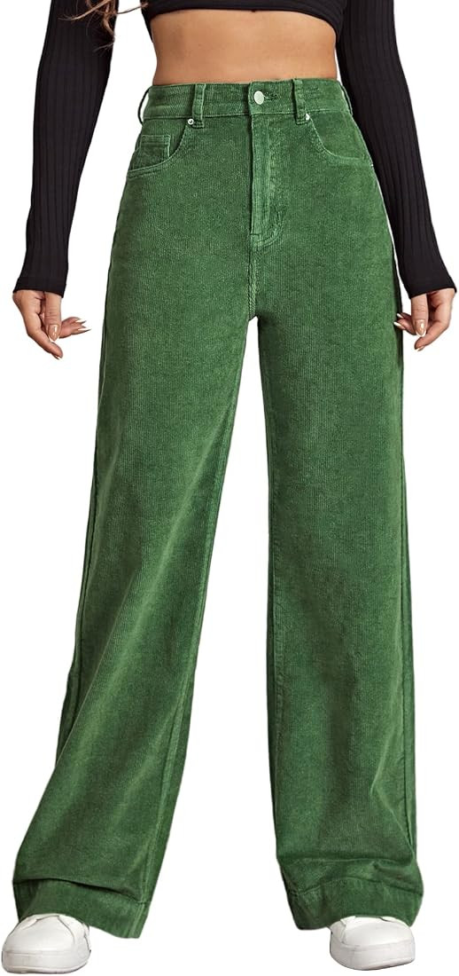 Floerns Women's High Waist Corduroy Pants Wide Leg Workout Trousers with Pocket | Amazon (US)