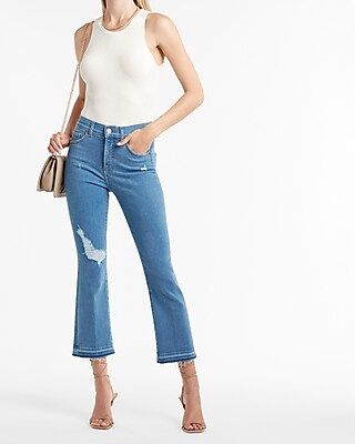 High Waisted Ripped Raw Released Hem Cropped Flare Jeans | Express