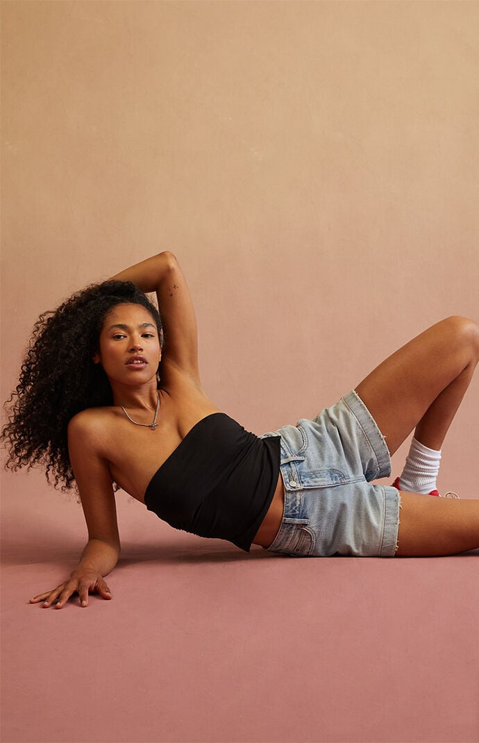 RARE DNM EDIT Women's Light Blue A-Line Denim Mom Shorts in Medium Indigo - Size 24 | PacSun