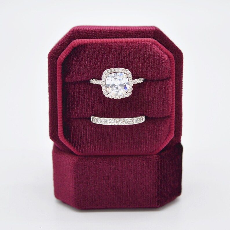 Octagon Velvet Ring Box in Red Merlot | Double Ring Slot | Engagement Ring Box | Wedding Ring Box... | Etsy (US)