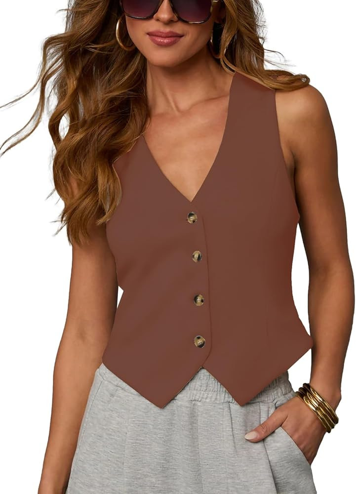 Women's Summer Vest Tops V Neck Button Down Tank Tops Sleeveless Going Out Crop Tops Cute Busines... | Amazon (US)