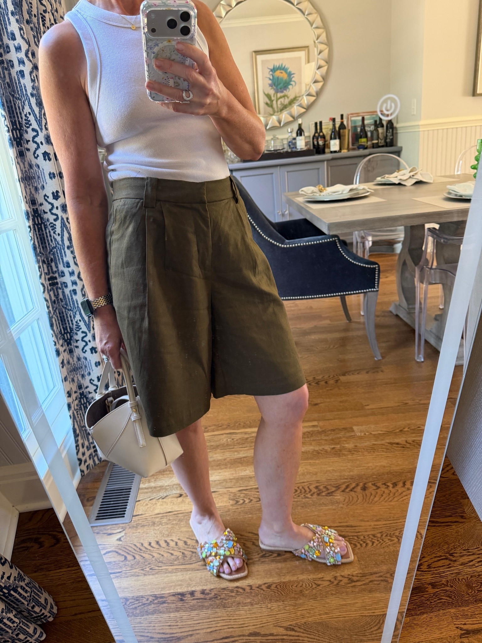 The cutest linen bermudas!!! Also in a pinstripe and has a cute vest and blazer to match. And these jewel slides go with everything and so comfy! 
Walmart 
Steve Madden 
Bermuda shorts

#LTKootd #LTKOver40 #LTKWorkwear