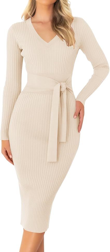 ZESICA Women's 2023 Fall Sweater Dress V Neck Long Sleeve Ribbed Knit Tie Waist Slim Fit Bodycon ... | Amazon (US)