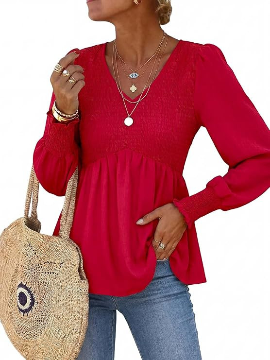 HEYTALALA Womens Long Sleeve Shirts V Neck Peplum Tops Dressy Casual Smocked Babydoll Blouses 202... | Amazon (US)