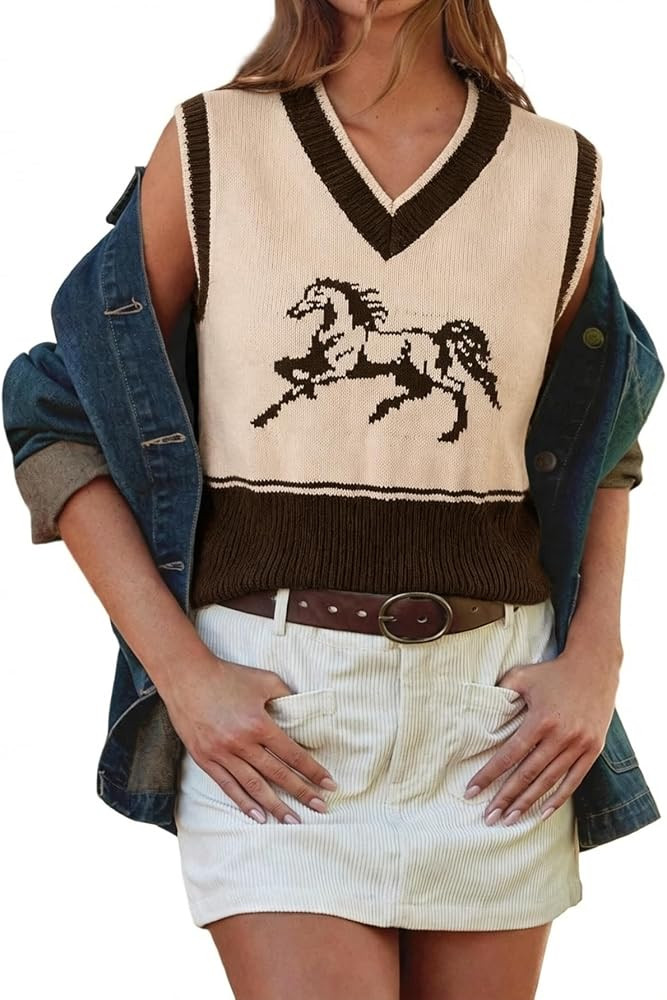SOLY HUX Women's Horse Graphic Sweater Vest V Neck Sleeveless Knit Casual Tank Tops | Amazon (US)
