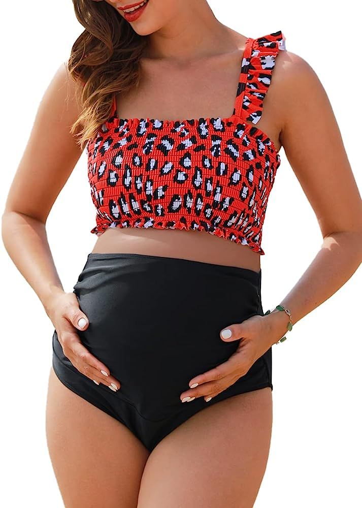 Maternity High Waist Bikini Swimsuit Two Piece Ruffled Hem Cute Floral Bathing Suit | Amazon (US)