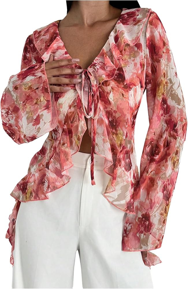 WDIRARA Women's Floral Print Ruffle Blouse V Neck Tie Front Long Bell Sleeve Chiffon See Through ... | Amazon (US)