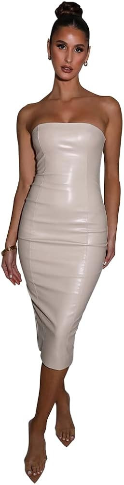 Strapless Tube Top Off Shoulder Bodycon Pleather Faux Leather Midi Dress | Amazon (US)
