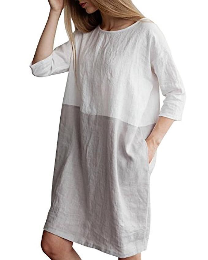 YOUBENGA Women's Plus Size 3/4 Sleeve Loose Cotton Linen Top Shirt Dress S-2XL | Amazon (US)