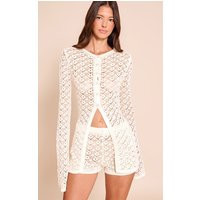 Cream Crochet Knit Long Sleeve Cardigan Sweater | PrettyLittleThing US