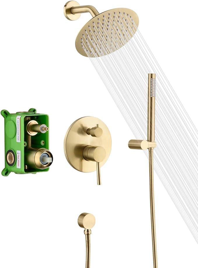 sumerain Brushed Brass Shower Faucet System with high pressure 8 Inches rain shower head and bras... | Amazon (US)