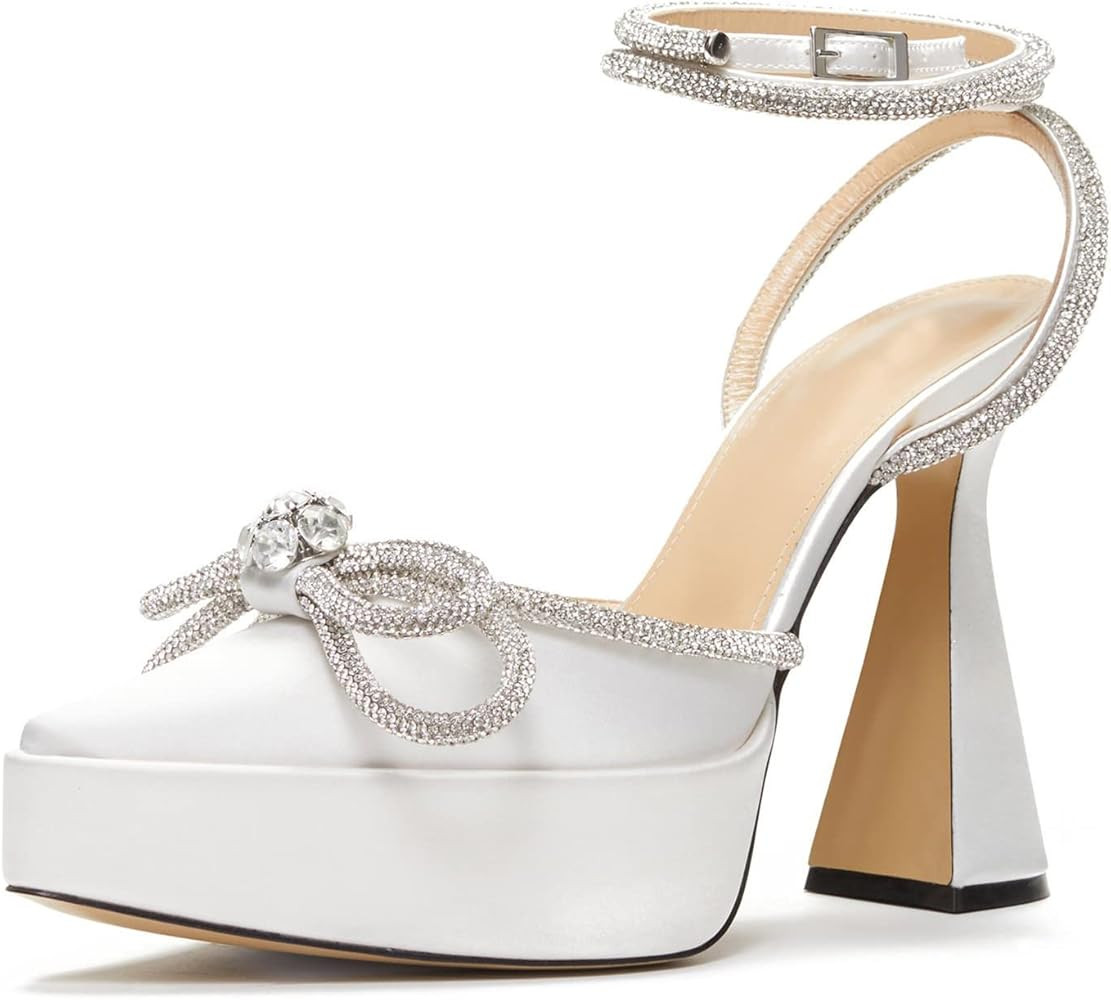 Arqa Diamond Strappy Pumps Rhinestones Double Bow Platform Heels Chunky Heel PVC Wedding Sandals | Amazon (US)