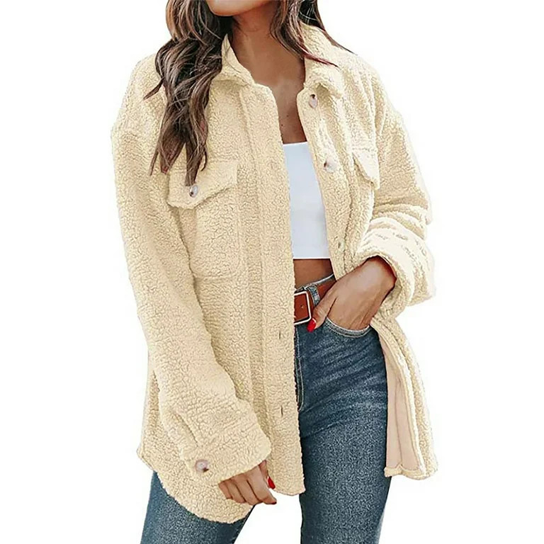 XFLWAM Womens Sherpa Fleece Jacket Solid Button Down Shirt Jacket Long Sleeve Shacket with Pocket... | Walmart (US)