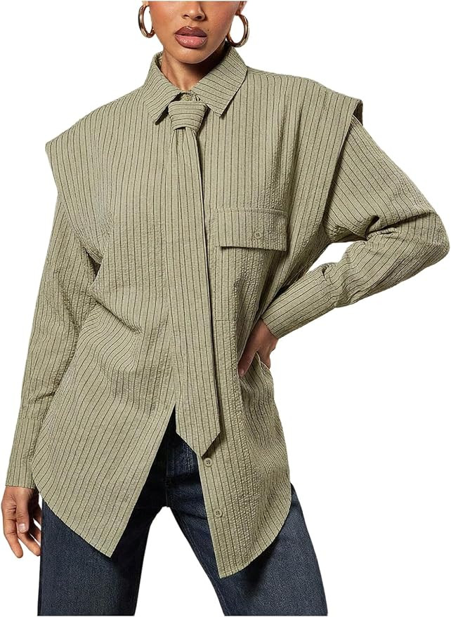 OYOANGLE Women's Striped Button Down Blouses Long Sleeve Oversized Shirts with Tie Office Tops | Amazon (US)