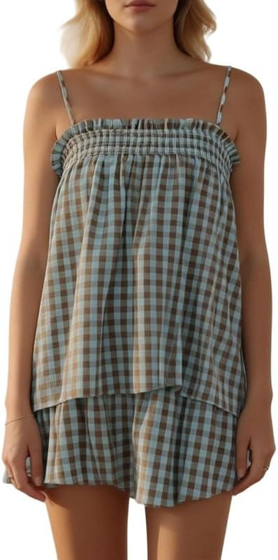 ROAONOCOMO Women Gingham 2 Piece Pajama Set Flowy Peplum Babydoll Cami Top Wide Leg Shorts Sets S... | Amazon (US)