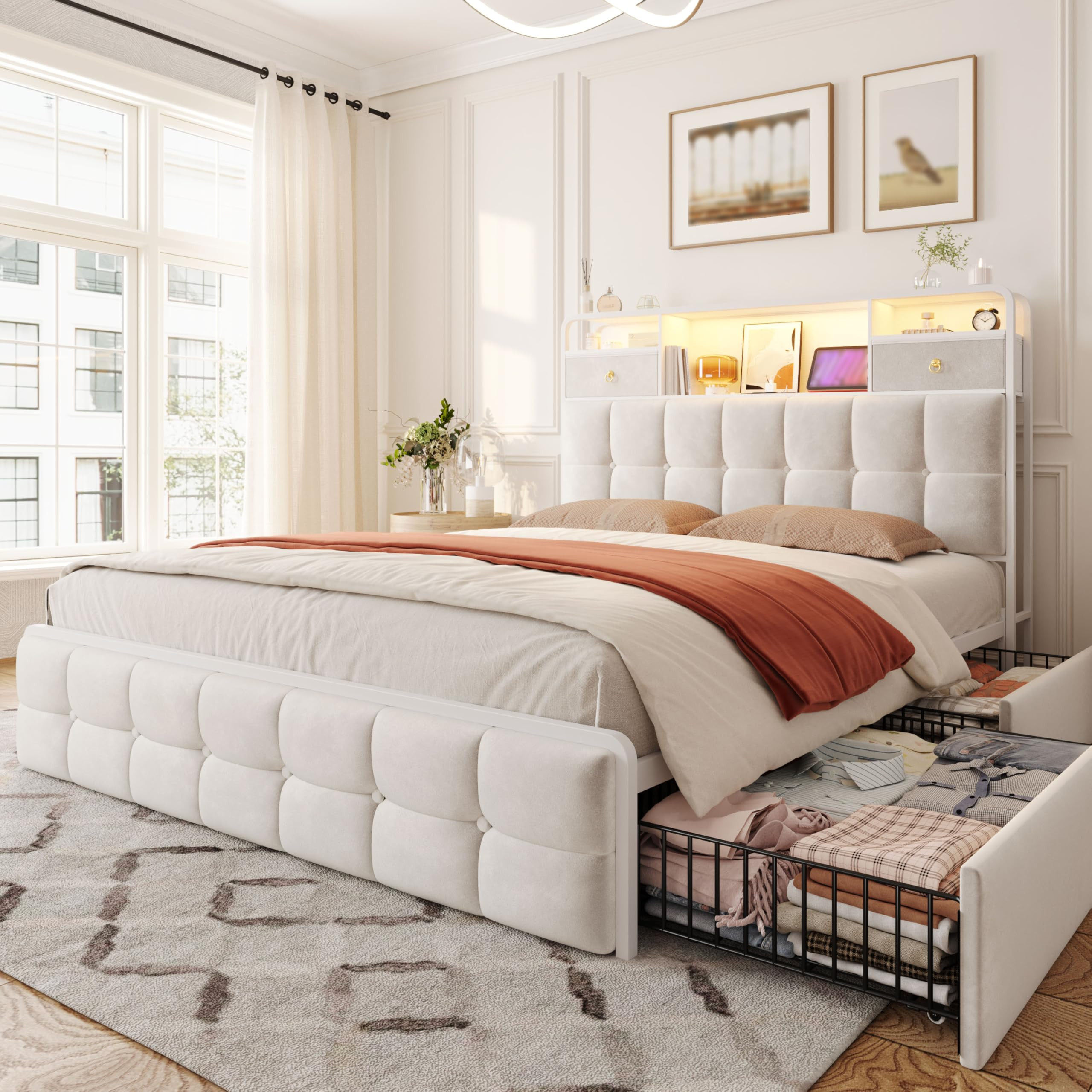 EnHomee Full Bed Frame with 4 Storage Drawers and Upholstered Headboard, Bed Frame Full Size Buil... | Amazon (US)