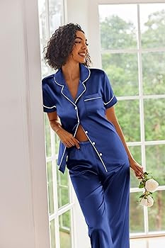 Ekouaer Silk Satin Pajamas Set Women Short Sleeve Sleepwear Soft Button Down Loungewear Pjs Set | Amazon (US)