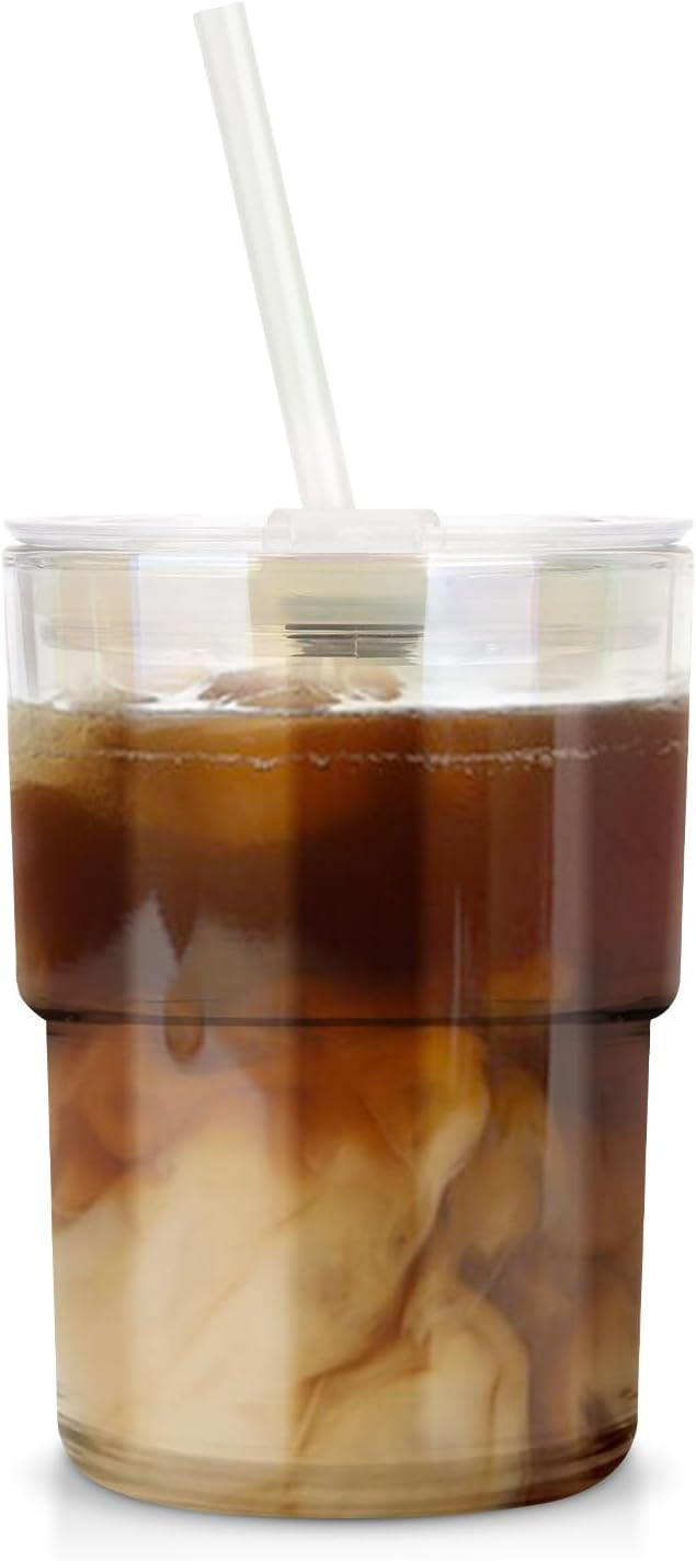 13 oz Glass Cups with Lids and Straws Reusable Iced Coffee Tumbler | Amazon (US)